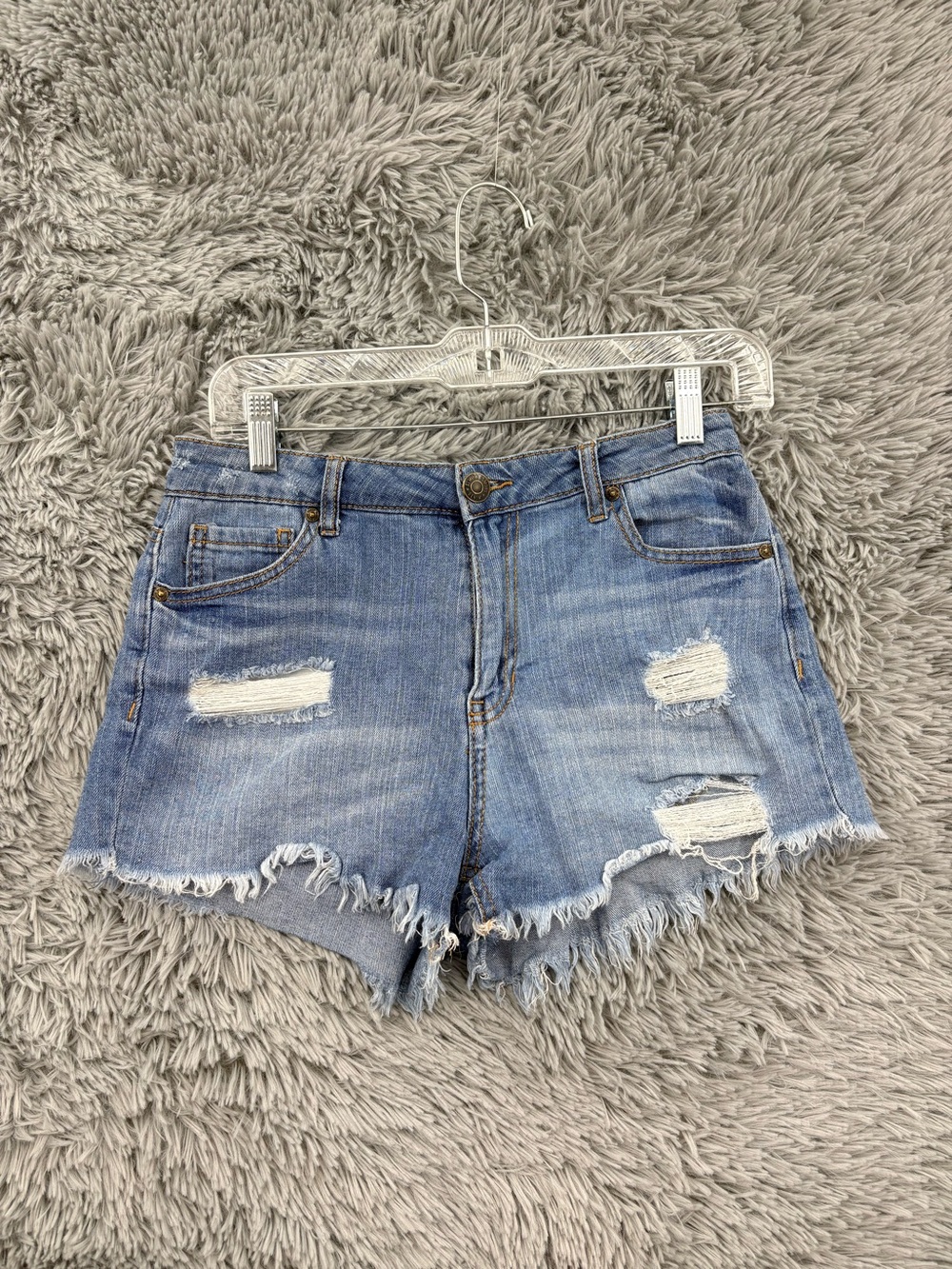 Almost Famous Denim Shorts Womens 10 High Rise Distressed Raw Hem Blue